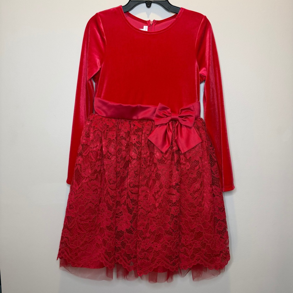 NWT Bonnie Jean Red Velvet Lace Satin Bow Holiday Dress Girls Size 16 Christmas